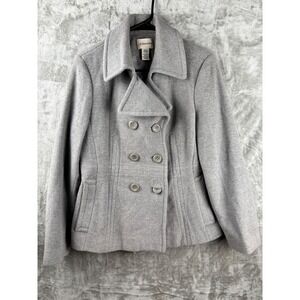St. John's Bay Pea Coat Women's Petite Medium Gray Wool Blend Double Breasted